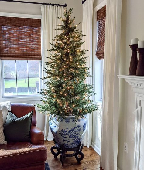 Orange Christmas Decor, Chinoiserie Christmas Tree, Potted Christmas Trees, Chinoiserie Christmas, Blue Christmas Decor, Orange Christmas, Glam Christmas, Tartan Christmas, Christmas Decor Inspiration