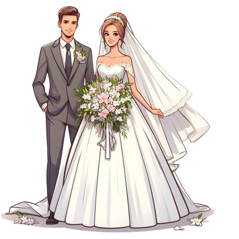 Wedding Couple Cartoon, Bride Clipart, Cake Designs For Girl, Caricature Wedding, Indian Marriage, Wedding Drawing, Image Couple, Bride Pictures, Floral Cards Design