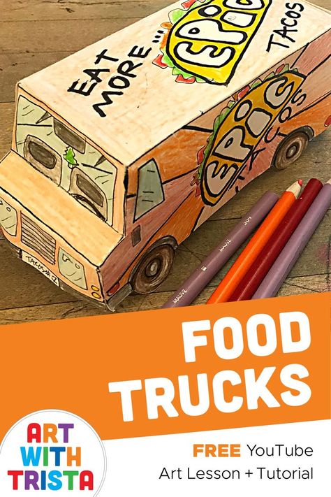 How to design your very own food truck. The video tutorial demonstrates how to take your logo design and add to to the food truck template that you can make yourself or download from my Teachers Pay Teachers store. The template is simple in design to allow you to create your own service window, headlights, windows, etc. Food Truck Template, Food Truck Design Logo, Truck Template, Art Careers, Food Logo Design, Food Truck Design, Art Lessons For Kids, Video Art, Truck Art