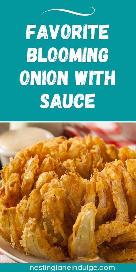 Favorite Blooming Onion with Sauce recipe graphic. Blooming Onion Recipe, Blooming Onion Sauce, Blooming Onion Recipes, Blooming Onion, Fancy Appetizers, Easy To Make Appetizers, Crowd Pleasing Appetizers, Vegetable Side Dishes Recipes, Onion Sauce