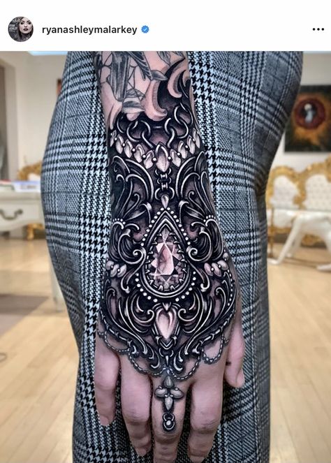 Ryan Ashley Malarkey Tattoos, Ryan Ashley Tattoo, Ryan Ashley Malarkey, Jewelry Tattoo Designs, Ryan Ashley, Mandala Hand Tattoos, Lace Tattoo Design, Gem Tattoo, Filigree Tattoo