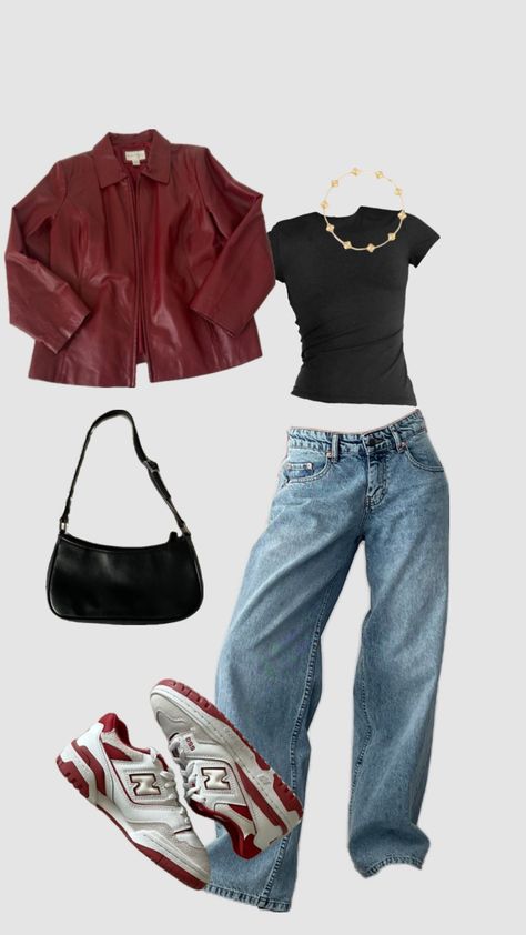 Night Downtown Outfit, Going Out Leather Jacket Outfit, Outfit With A Leather Jacket, Red Jacket Leather Outfit, Girls Fit Ideas, All Too Well Aesthetic Outfit, Outfit Inspo Jacket, Red Jacket Outfit Women, Outfit Ideas With Red Hair