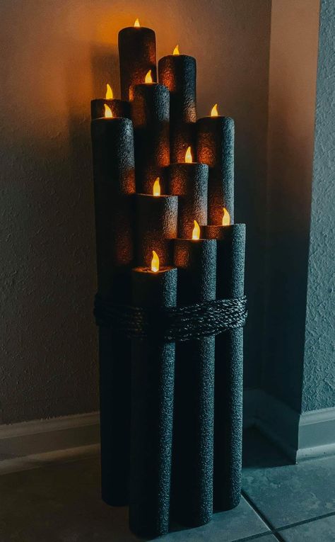 Black pool noodles with painted black tea lights make a great candelabra! Pool Noodle Candles, Pool Noodle Halloween, Scary Halloween Decorations Diy, Halloween Office, Spooky Decorations, Halloween Outside, Easy Diy Halloween Decorations, Casa Halloween, Dollar Tree Halloween