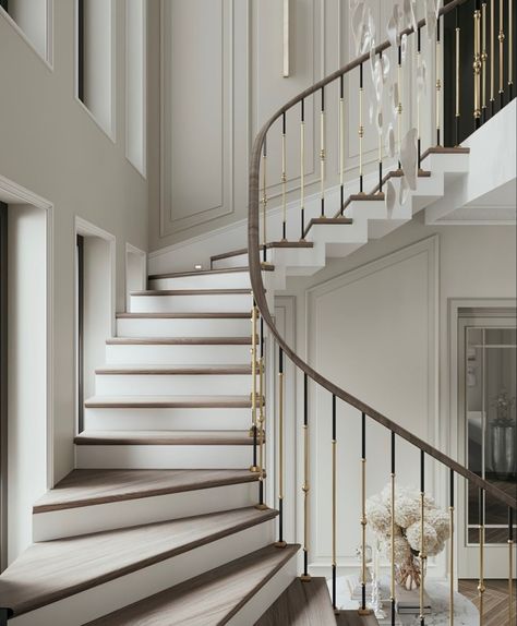 Classic Wood Stairs, Classical Staircase, درابزين السلم, Classic Staircase, Luxury Stairs, درج السلم, Farmhouse Home Design, Staircase Interior Design, Luxury Staircase