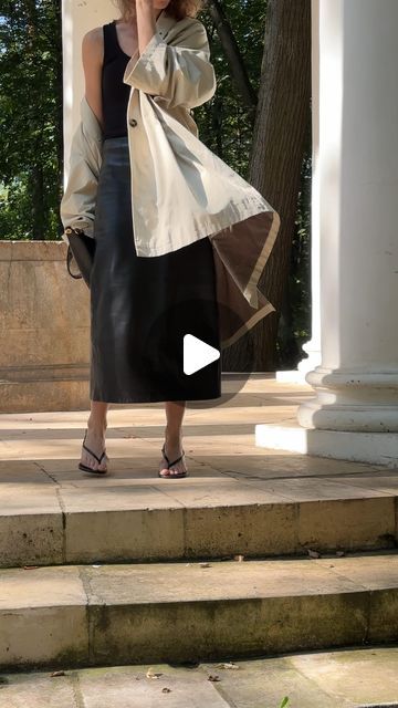 Maria Stenyakina on Instagram: "Black top, leather skirt, trench coat and flip-flops with heels for early September

Top @lime_official 
Skirt @lime_official 
Flip-flops @mango 
Trench coat @12storeez 

OOTD, ootd reels, style reels, fashion reels, trench coat, leather skirts, fall trends, trending reels 

#ootdfashion#ootdreels#stylereels#fashionreelscreator#trendingreels#аутфит#leatherskirt#trenchcoatseason" Skirts Fall, Fashion Reels, Heeled Flip Flops, Trending Reels, Leather Skirts, Ootd Fashion, Fall Trends, Black Top, Leather Skirt