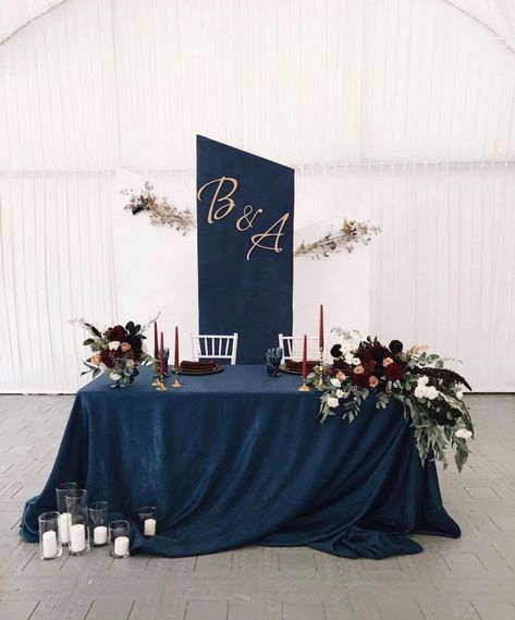 Gold And Navy Wedding Decor, Navy Blue And Burgundy Wedding Backdrop, Navy Silver Centerpieces, Navy Blue And Champagne Backdrop, Navy Blue Sweetheart Table, Navy Blue Event Decor, Wedding Table Background, Navy Sweetheart Table, Navy Wedding Table Settings