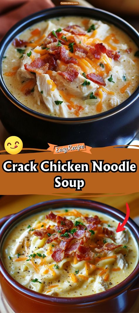 Warm up with a bowl of Crack Chicken Noodle Soup, where hearty noodles, succulent chicken, and crispy bacon combine in a rich, creamy broth. This addictive twist on classic chicken noodle soup is loaded with flavors that make it a satisfying comfort food, ideal for chilly days. #ChickenNoodleSoup #ComfortFood #CrackChicken Chicken Noodle Soup Ingredients, Creamy Chicken Noodle, Baked Cream Cheese Spaghetti, Creamy Chicken Noodle Soup, Chicken Noodles, Bacon Soup, Soup Kitchen, Comfort Soup, Noodle Soup Recipes