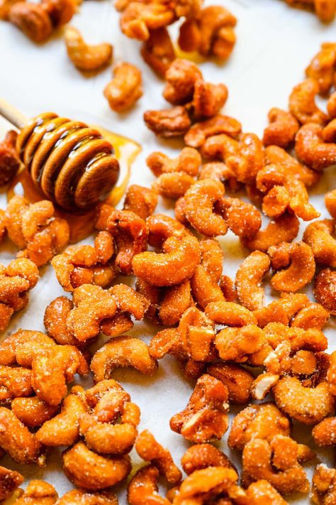 These honey roasted cashews are the perfect snack food: a little sweet, a little salty, and definitely addicting. They're great for an afternoon pick-me-up, on a charcuterie board, or even as a gift. Honey Roasted Cashews, Peanut Recipes, A Charcuterie Board, Snack Board, Roasted Cashews, Honey Nut, Honey Roasted, Honey And Cinnamon, Charcuterie Board