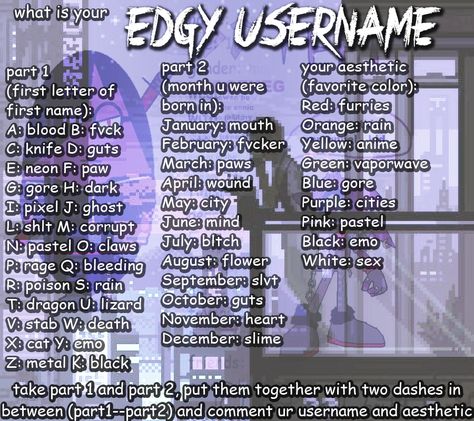 2013 Swag Era Usernames, Scene Username Ideas, Scene Usernames, Emo Usernames Ideas, Emo Names, Aesthetic User Name Ideas, Emo Usernames, Roblox User Name Ideas, Roblox Usernames