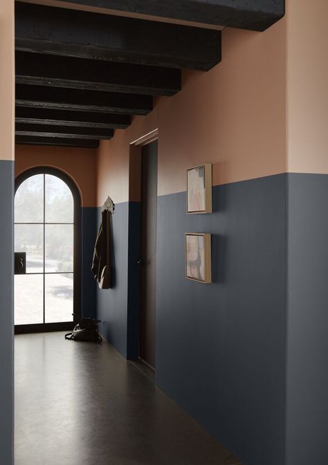 Soft Black Paint Colors with Just the Right Amount of Drama Moody Paint Colors, Black Paint Colors, Exterior Stain Colors, Half Wall Ideas, Moody Paint, Entryway Inspo, Wrought Iron Paint, Black Wainscoting, Earthy Pink