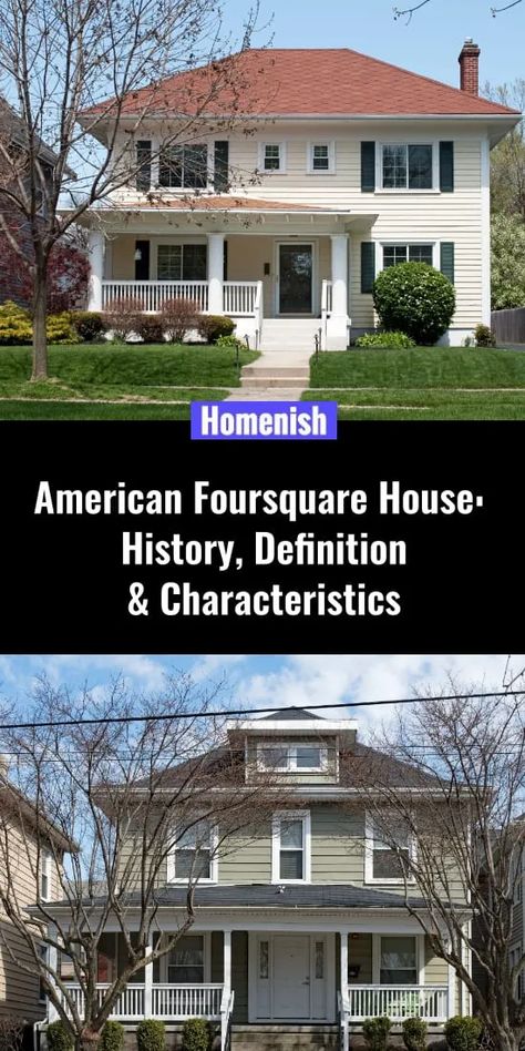 Also known as the Prairie Box, the American foursquare is considered to be a true American style home. Economical, resource-efficient, and practical, foursquare homes can be seen in almost every US state as well as throughout Canada. It can safely be said that foursquares are the most common and popular house styles in America, providing comfortable housing for growing middle-class families. Middle Class Homes, American Foursquare House, American Four Square House, Square Houses, American Style Home, Foursquare House, American House Style, American Style Homes, 1920 Home