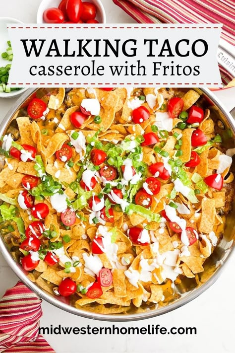 Taco Casserole With Fritos, Casserole With Fritos, Walking Tacos Recipe, Easy One Pan Dinner, Walking Taco Casserole, Walking Taco, Delicious Tacos, Walking Tacos, One Pan Dinner