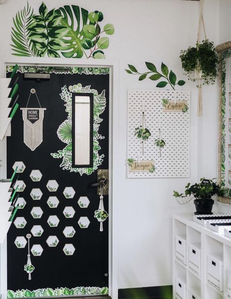 Classroom Decor Botanical, Plant Themed Classroom Decoration, Eucalyptus Classroom Door Decor, Plant Theme Door Decoration, Hanging Plants In Classroom, Plant Classroom Door Ideas, Leaves Classroom Theme, Plants Classroom Decor, Plant Door Decorations Classroom