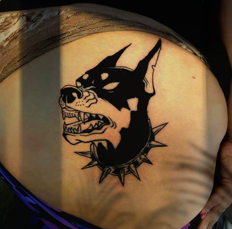 Female bum or buttocks aggressive growling barking blackwork doberman tattoo Doberman Knee Tattoo, Dog Barking Tattoo, Angry Dog Tattoo, Dog Growling Tattoo, 3 Headed Doberman Tattoo, Barking Dog Tattoo, Doberman Barking Tattoo, Doberman Stomach Tattoo, Growling Dog Tattoo