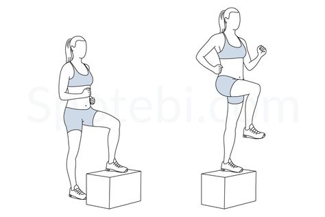 Step up with knee raise exercise guide with instructions, demonstration, calories burned and muscles worked. Learn proper form, discover all health benefits and choose a workout. Step Up Workout, Step Ups, Workout Journal, Hip Flexor Exercises, Knock Knees, Straight Leg Raise, Knee Strengthening Exercises, How To Strengthen Knees, Push Workout