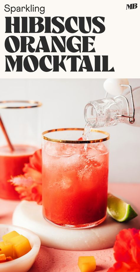 A bright, zesty, beautiful mocktail with hibiscus, orange, and mango. Naturally sweetened, just 6 ingredients, and perfect for summer gatherings! Orange Mocktail, Summer Lunch Recipes, Booze Drink, Light Drinks, Dried Hibiscus Flowers, Summer Food Party, Easy Ice Cream Recipe, Minimalist Baker, Easy Ice Cream