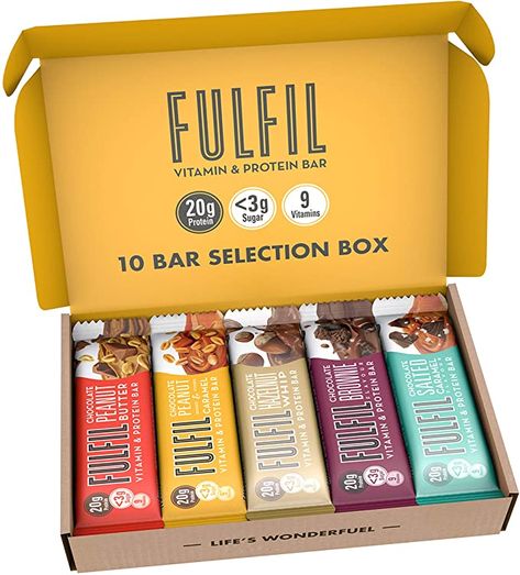 FULFIL Vitamin and Protein Bar (10 x 55g Bars) — 10 Bar Selection Box — 20g High Protein, 9 Vitamins, Low Sugar : Amazon.co.uk: Health & Personal Care Top Protein Foods, Protein Bar Brands, Best Protein Bars, Healthy Snack Bars, Pr Kit, Packaging Snack, High Protein Bars, Healthy Bars, Health Bar