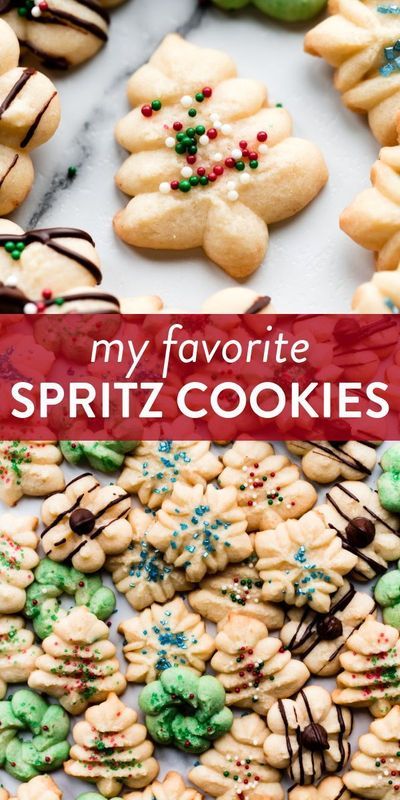 These are my favorite spritz cookies! Using a cookie press, shape this easy cookie dough into intricate shapes and have fun decorating with sprinkles, chocolate, and chocolate chips. No cookie dough chilling required and the cookies freeze and ship wonderfully. #christmasdesserts #holidaydesserts #spritzcookies Christmas Tree Press Cookies, Press Butter Cookies, Butter Cookie For Cookie Press, Christmas Press Cookies Recipes, The Best Spritz Cookie Recipe, Christmas Cookies Spritz Easy Recipes, Shortbread Cookie Press Recipe, Shortbread Cookie Recipe For Cookie Press, Spritz Cookie Dough Recipe