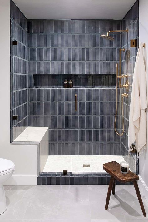 Grey Tones Bathroom Ideas, Modern Tiled Shower Ideas, Blue Tile In Bathroom, Blue Tile Showers, Navy Blue Shower Tile, Grey Tile Bathroom, Blue Grey Bathroom, White Bedroom Vanity, Blue Tile Bathroom