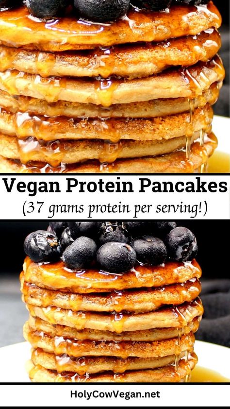 These fluffy, cinnamon-kissed vegan protein pancakes are loaded with 37 grams of protein per serving. Top with fruit and a drizzle of maple syrup for a delicious breakfast that will keep you full for hours! High Protein Vegan Pancakes, High Vegan Protein Breakfast, Protein Pancakes No Eggs, Easy Vegan Pancakes, Vegan Protein Breakfast, Healthy Vegan Pancakes, Vegan Crepes Recipe, Vegan Pumpkin Pancakes, Vegan Protein Pancakes