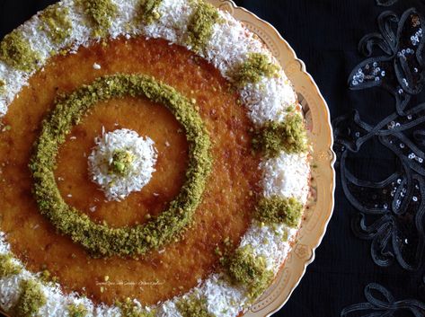 BASBOUSA BIL KASHTA..!! ( BASBOUSA WITH CREAM ) Basbousa Recipe, Middle Eastern Dessert, Semolina Cake, Middle Eastern Desserts, Orange Blossom Water, Arabic Sweets, Mediterranean Food, Sugar Syrup, All Purpose Flour