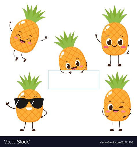 Pineapple Cartoon Cute, Pineapple Animation, Happy Cute Cartoon, Pineapple Character, Pineapple Emoji, Pineapple Cartoon, Healthy Vegetarian Food, Food Character, Pineapple Drawing