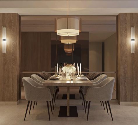 Mirror Near Dining Table, Dining Table Mirror Wall, Mirror Design Wall Dining Room, Luxurious Dinning Room, Accent Wall In Dining Room, Tinted Mirror Wall, Mirror Accent Wall, Dining Room Mirror Wall, Contemporary Dining Room Design