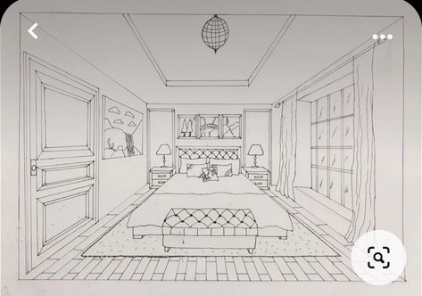 Bedroom Drawing One Point Perspective, One Point Perspective Room Aesthetic, One Perspective Drawing Room, One Point Perspective Room Bedrooms, Perspektif 1 Titik Hilang Interior, Bedroom Perspective Drawing, One Point Perspective Bedroom, Prospective Art, One Perspective Drawing