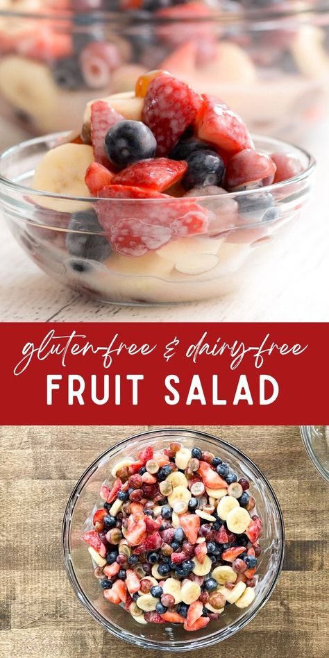 This easy fruit salad with yogurt is the perfect way to add more fruit to your meals and adds so much color. This simple fruit salad uses only four different fruits and is combined with a yogurt sauce made with dairy-free yogurt and honey. You’ll love how easy this fruit salad is to make, and you can add or exchange any of the fruit to suit your family’s taste. Fruit Salad Dairy Free, Gluten Free Dairy Free Fruit Salad, Fruit Salad Yogurt, Gluten Free Fruit Salad, Dairy Free Fruit Salad, Yogurt Fruit Salad, Simple Fruit Salad, Fruit Sides, Df Meals