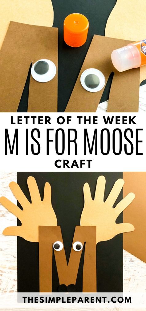 Celebrate the letter M with this cute and easy to make alphabet craft! M is for Moose! Learn more about books to read and snacks to make to go along with this kids craft! #craftsforkids #letteroftheweek #alphabet #kindergarten #preschool Preschool M Activities, M Is For Moose Craft, M Art Preschool, Letter M Lesson Plans Preschool, Preschool M Crafts, M Letter Craft, Moose Activities Preschool, Preschool Letter M Crafts, Preschool Letter M Activities