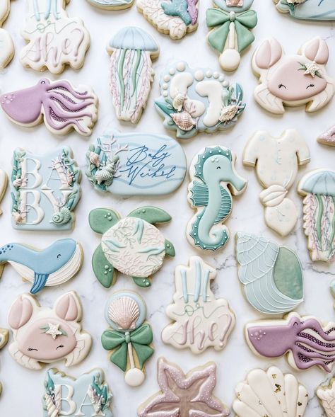 Under The Sea Royal Icing Cookies, Gender Reveal Ideas Ocean Theme, Sea Theme Gender Reveal, Gender Reveal Ocean Theme, Ocean Theme Cookies, Under The Sea Gender Reveal Ideas, Oneder The Sea Cookies, Sea Creature Baby Shower Ideas, Under The Sea Baby Shower Cookies