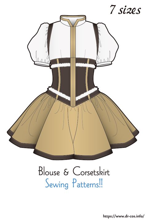 This is the pattern of Puff Sleeve Blouse & Corset Skirt. cm size(A4 size) Children's-140/Ladies'-S,M,L,LL/Men's-L,LL At present, only Japanese. Added the number of fabric meters required for each size Drcos Patterns, Sewing Skirts Patterns, Skirt Sewing Patterns, Blouse Corset, Puff Sleeve Pattern, Sewing Patterns Skirt, Skirt Pattern Free, Steampunk Skirt, Japanese Sewing Patterns