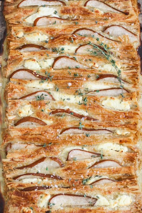 Pear Tart Phyllo Dough, Phyllo Dough And Pears, Pear Phyllo Tart, Pear Filo Pastry, Pear Brie Phyllo, Thyme Pear And Brie Tart, Fig And Goat Cheese Puff Pastry, Phyllo Dough Recipes Breakfast, Phyllo Pastry Recipes Appetizers