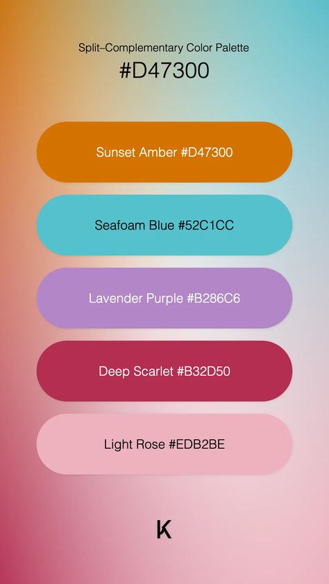 Split–Complementary Color Palette Sunset Amber #D47300 · Seafoam Blue #52C1CC · Lavender Purple #B286C6 · Deep Scarlet #B32D50 · Light Rose #EDB2BE Complementary Color For Purple, Complementary Color Palette, Split Complementary Colors, Split Complementary, Colour Pallets, Create Color Palette, Seafoam Blue, Hex Color Palette, Model Paint