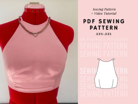 Halter Crop Top Sewing Pattern, Halter Top Sewing, Halter Top Sewing Pattern, Crop Top Sewing, Tank Top Sewing Pattern, Crop Top Sewing Pattern, Ladies Tops Patterns, Pattern Y2k, Halter Top Pattern