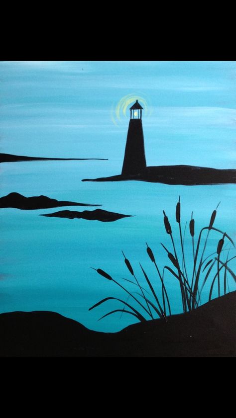 Lighthouse acrylic Wine And Canvas, Acrylic Markers, Lighthouse Painting, Silhouette Painting, Night Painting, Painting Class, Painting Art Projects, Diy Canvas Art, Canvas Art Painting