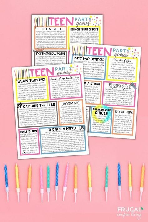 Looking for some fun party games for teens? You'll love this list of 17 cool teenage party game ideas for your next gathering. These printable teen party games can be played at the party venue or even at home. Enjoy a large list of backyard games, outdoor games, indoor games - you name it. These games can be adapted for your location. Download and these teen birthday party games and print today! #FrugalCouponLiving Teenage Birthday Party Games, Fun Party Games For Teens, Fun Teen Party Games, Teenage Party Games, Teen Birthday Party Games, Messy Games, Teenage Party, Teen Birthday Party, Classroom Party Games