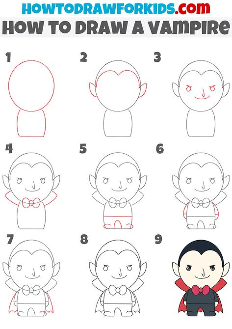 Cartoon Vampire Drawing, The Vampire Diaries Sketches, Vampire Easy Drawings, How To Draw Vampire, How To Draw A Vampire, How To Draw Halloween Stuff Step By Step, Vampire Drawing Easy, Cute Vampire Drawing, Vampire Doodle