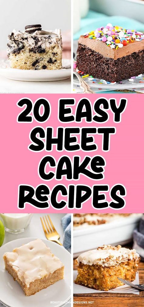 Looking for an easy and delicious dessert option? Try one of these amazing sheet cake recipes that are perfect for any occasion. From birthdays to potlucks, you'll find something to satisfy your sweet tooth. You'll find Banana Sheet Cake, Cookies and Cream Sheet Cake, Pumpkin Sheet Cake, Vanilla Sheet Cake, Chocolate Sheet Cake and more. Sheet Cake Pan Recipes, Delicious Sheet Cake Recipes, Easy Cake Icing Ideas, Maple Sheet Cake, Birthday Cake Easy Recipe, Cake Mix Sheet Cake Recipes, Sheet Cake From Box Cake, Sheet Cake Flavors, Birthday Cake Inspiration Simple