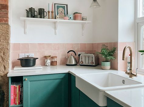 Delila Created A Classic Metro Backdrop To Her Industrial Kitchen - Walls and Floors Pink Kitchen Tiles, Turquoise Cabinets, Living Room Marble, Wednesdays We Wear Pink, Cosy Kitchen, Victorian Tiles, Patio Tiles, Wood Effect Tiles, Kitchen Transformation