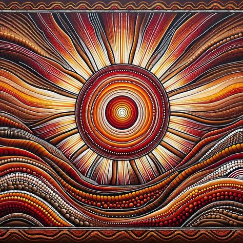 Indigenous Symbols, Art Soleil, Aboriginal Art Dot Painting, Splash Backs, Barn Stalls, Aboriginal Dot Art, Dot Patterns, Sunrise Painting, Mandala Art Therapy