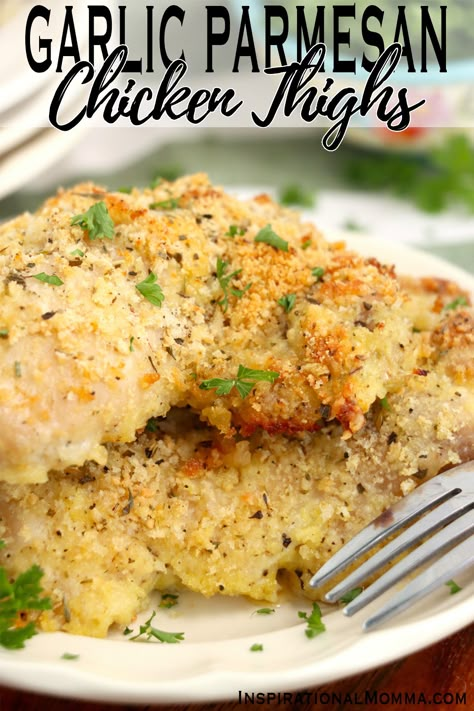 Chicken Thigh Garlic Parmesan, Garlic Parmesan Chicken Thighs, Parmesan Crusted Chicken Thighs, Chicken Thighs In Oven Boneless Skinless, Parmesan Chicken Thighs, Chicken Thigh Parmesan Recipe, Chicken Thigh Fillet Recipes, Ranch Parmesan Chicken, Breaded Chicken Thighs