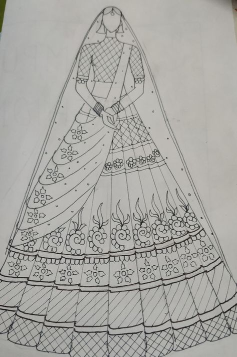 Bridal Lengha Illustration Sketch, Saree Design Drawing Sketches, Lehnga Drawings, Bridal Illustration Sketches, Lehenga Designs Sketches, Lehnga Sketching, Bridal Lehenga Illustration Sketches, Fashion Illustration Sketches Dresses Gowns Beautiful, Fashion Illustration Dresses Gowns