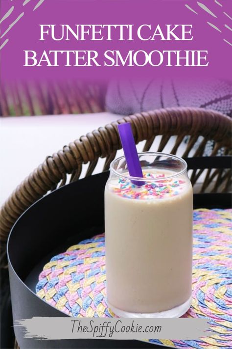 Have cake for breakfast with this easy and protein filled cake batter smoothie – topped with sprinkles of course! #thespiffycookie #cakebatter #smoothie #backtoschool #birthday #easybreakfast Birthday Cake Smoothie, Cake Batter Protein Shake, Cake Batter Smoothie, Cake Batter Shake, Protein Powder Smoothie Recipes, Banana Cake Mix, Cake Batter Protein, Protein Powder Smoothie, Vegan Birthday Cake