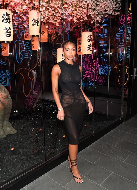 Spiral Heels, Harvey Outfits, Bottega Veneta Heels, Black Rick Owens, Rick Owens Dress, Marjorie Harvey, Sheer Black Dress, Black Sheer Dress, Lori Harvey