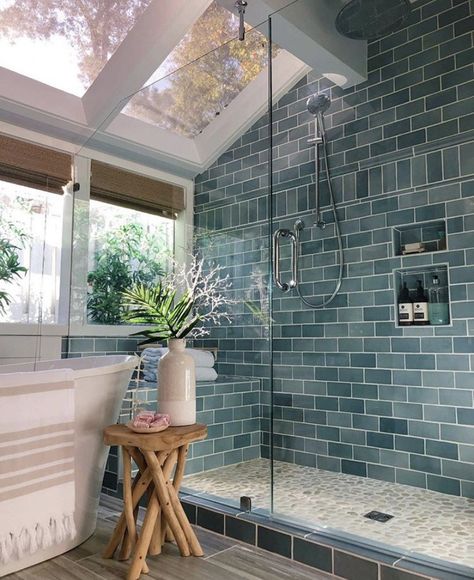 Skylight Bathroom, Colorful Eclectic Home, Costal Bedroom, Colorful Bathrooms, Interior Design Per La Casa, Bath Room, The Shower, Renovation Ideas, House Bathroom