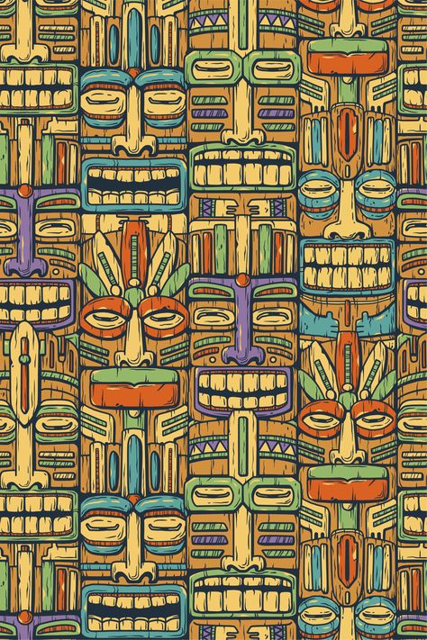 Surfing tiki mask hawaii wooden tiki mask for trendy bar. Traditional ethnic idol and hawaiian surf, maori or polynesian. Design old tribal totem. Seamless pattern #tiki #surfing #mask #pattern #seamless #hawaii #tiki bar #surf #idol #traditional #monstera #tribal #statuette #shaka #tiki mask Tiki Mask Art, Hawaii Pattern Design, Hawaiian Background Wallpapers, Maori Wallpaper, Polynesian Wallpaper, Tiki Background, Tiki Illustration, Hawaiian Pattern Design, Polynesian Mask