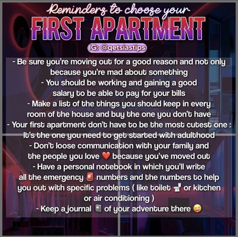 First Apartment Saving Plan, First Apartment Budget, First Apartment Goals, Tips For Moving Out, Pretty Apartments, First Apartment Tips, Best Cars For Teens, Apartment Tips, New Home Essentials