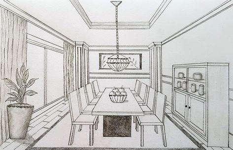 Draw a room One Point Perspective Room, Room Perspective Drawing, 1 Point Perspective Drawing, Perspective Room, 1 Point Perspective, Interior Design Dining, Perspective Sketch, Drawing Room Interior, Perspective Drawing Architecture