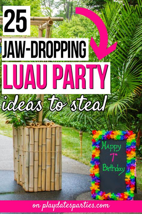 Lei Party Display, Luau Entrance Decorations, Adult Luau Party Games, Dollar Store Bday Decorations, Backyard Hawaiian Decor, Diy Palm Tree Decorations Party Ideas, Backyard Luau Party Decorations, Make Your Own Lei Station, Luau Party Center Piece Ideas